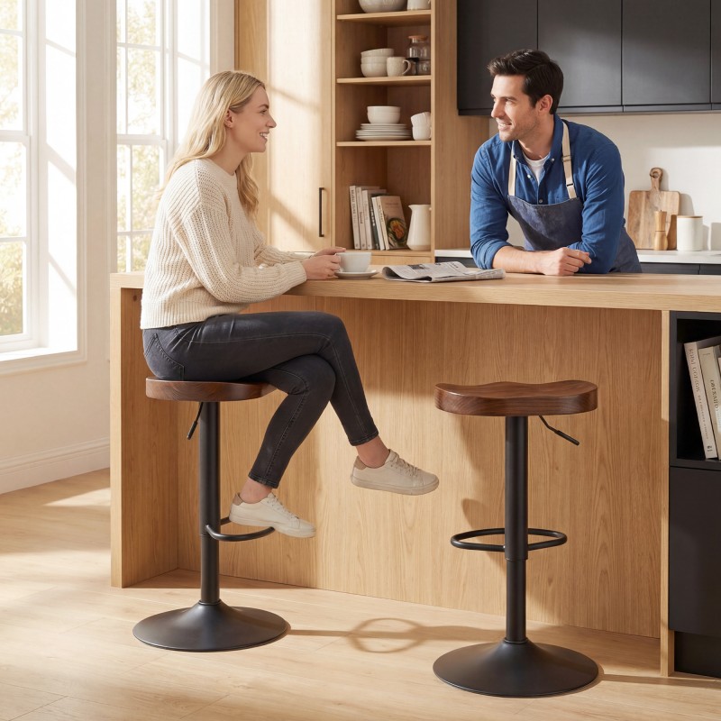 Säädettävä baarituolisetti 2 kpl, satulaistuin jalavapuuta, pyörivä, tummanruskea/musta