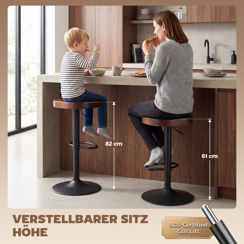 Säädettävä baarituolisetti 2 kpl, satulaistuin jalavapuuta, pyörivä, tummanruskea/musta