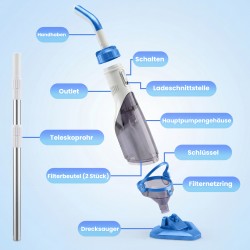 Akkukäyttöinen allasimuri pieniin uima-altaisiin ja porealtaisiin, teleskooppivarsi 63–150 cm, sininen