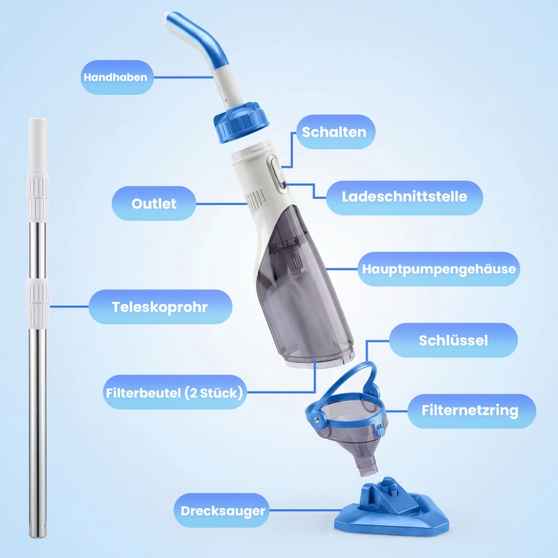 Akkukäyttöinen allasimuri pieniin uima-altaisiin ja porealtaisiin, teleskooppivarsi 63–150 cm, sininen