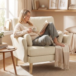 Samettipäällysteinen nojatuoli lukutuoli, kolmikerrospehmuste, 103 x 80 x 88 cm, kermanvalkoinen