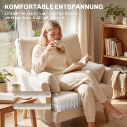 Samettipäällysteinen nojatuoli lukutuoli, kolmikerrospehmuste, 103 x 80 x 88 cm, kermanvalkoinen