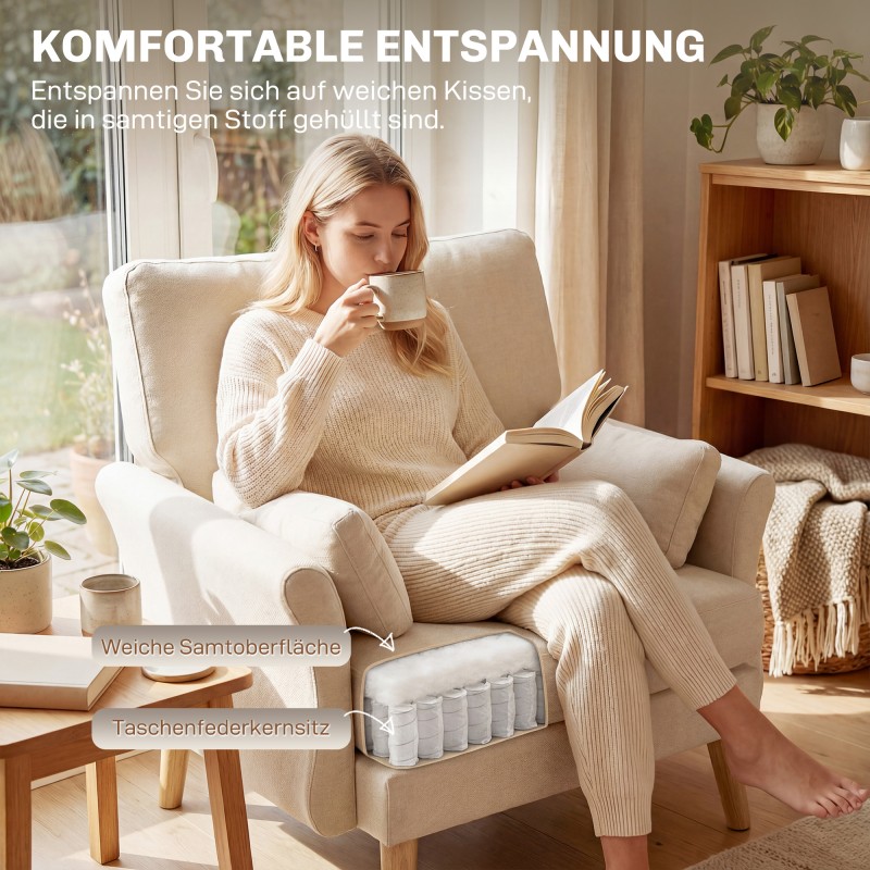 Samettipäällysteinen nojatuoli lukutuoli, kolmikerrospehmuste, 103 x 80 x 88 cm, kermanvalkoinen