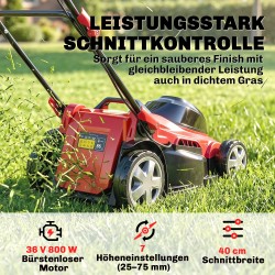 Sähkökäyttöinen ruohonleikkuri 36V 800W, 40 cm leikkuuleveys, 7 korkeutta, 45 L keruusäiliö, punainen-musta