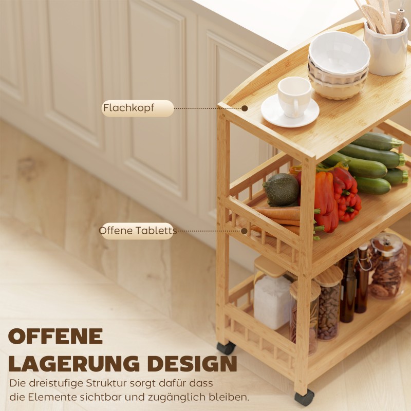 Keittiövaunu 3-tasoinen tarjoilu- ja apupöytä bambua 53 x 30,5 x 83 cm luonnonväri