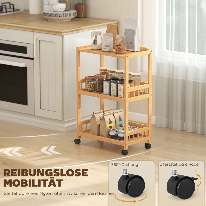 Keittiövaunu 3-tasoinen tarjoilu- ja apupöytä bambua 53 x 30,5 x 83 cm luonnonväri