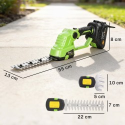 Akkukäyttöinen 2-in-1 pensas- ja ruohotrimmeri 20 cm + 10 cm terät vihreä/musta, akku ja laturi