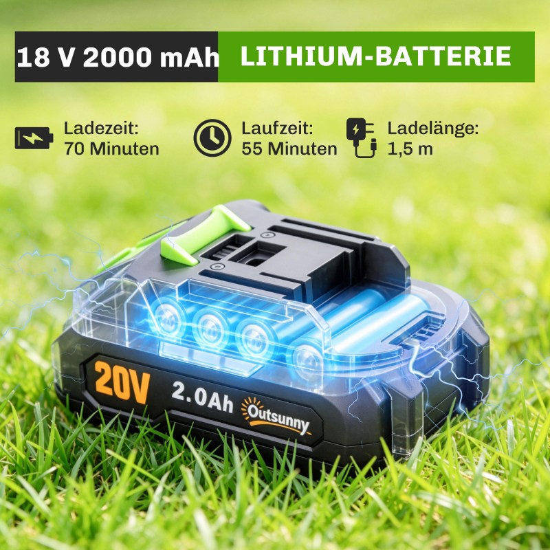 Akkukäyttöinen 2-in-1 pensas- ja ruohotrimmeri 20 cm + 10 cm terät vihreä/musta, akku ja laturi