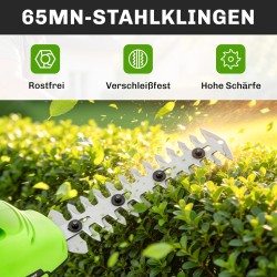 Akkukäyttöinen 2-in-1 pensas- ja ruohotrimmeri 20 cm + 10 cm terät vihreä/musta, akku ja laturi