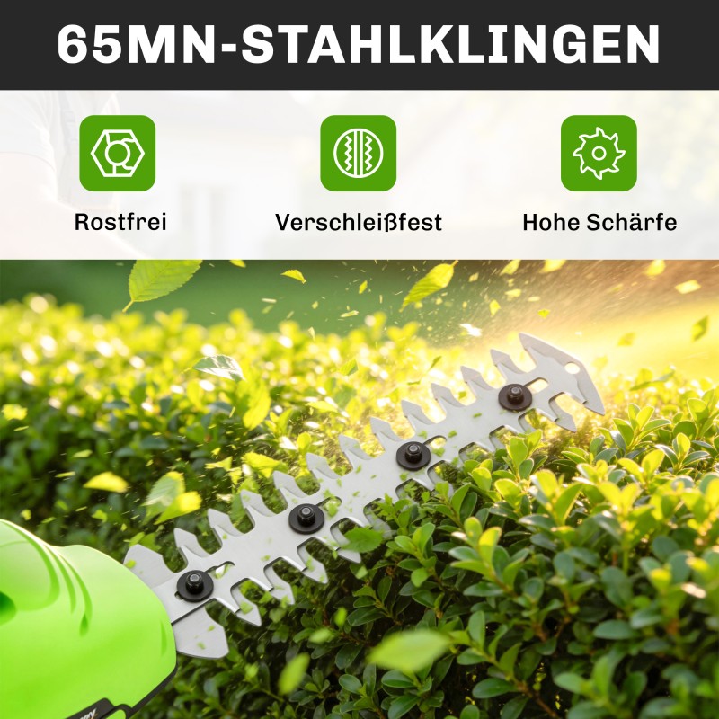 Akkukäyttöinen 2-in-1 pensas- ja ruohotrimmeri 20 cm + 10 cm terät vihreä/musta, akku ja laturi