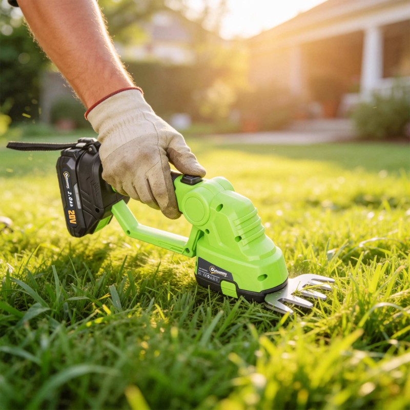 Akkukäyttöinen 2-in-1 pensas- ja ruohotrimmeri 20 cm + 10 cm terät vihreä/musta, akku ja laturi
