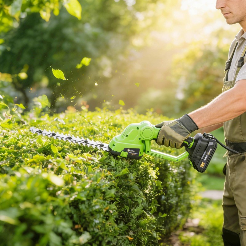 Akkukäyttöinen 2-in-1 pensas- ja ruohotrimmeri 20 cm + 10 cm terät vihreä/musta, akku ja laturi