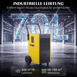 Teollinen ilmankuivain 70 L/vrk työmaille ja kellareihin, 5,5 L säiliö, jatkuva poisto, mustakeltainen