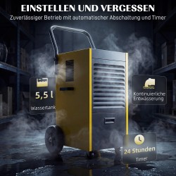 Teollinen ilmankuivain 70 L/vrk työmaille ja kellareihin, 5,5 L säiliö, jatkuva poisto, mustakeltainen