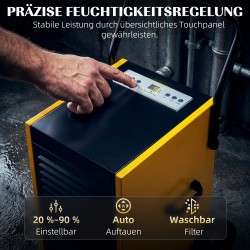 Teollinen ilmankuivain 70 L/vrk työmaille ja kellareihin, 5,5 L säiliö, jatkuva poisto, mustakeltainen