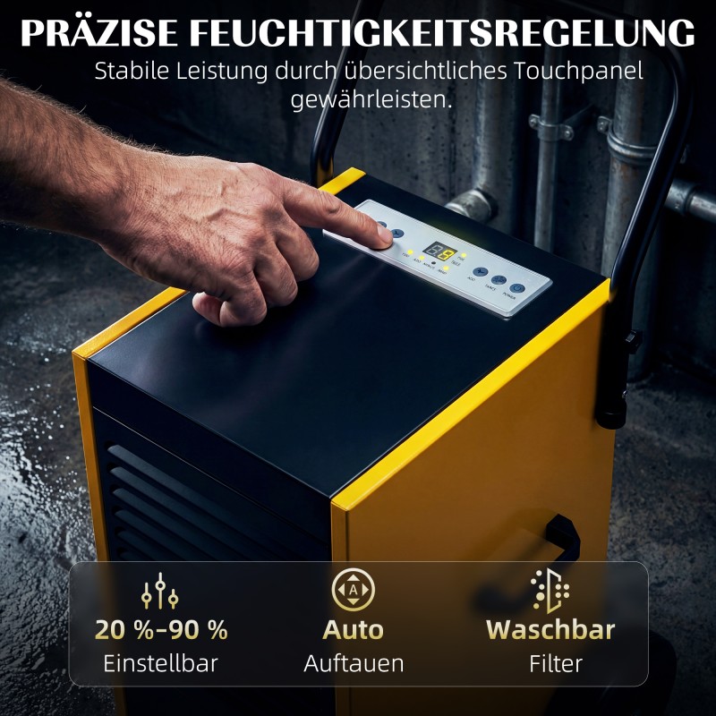 Teollinen ilmankuivain 70 L/vrk työmaille ja kellareihin, 5,5 L säiliö, jatkuva poisto, mustakeltainen