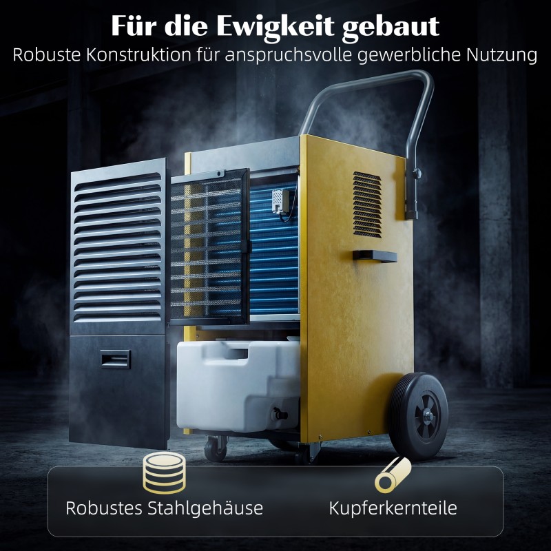 Teollinen ilmankuivain 70 L/vrk työmaille ja kellareihin, 5,5 L säiliö, jatkuva poisto, mustakeltainen