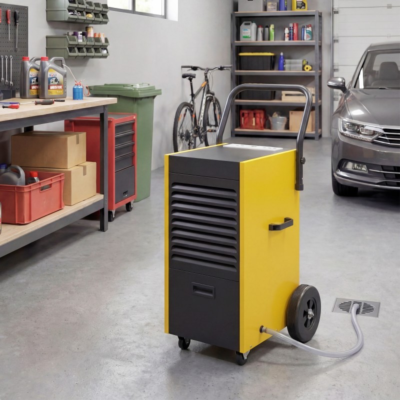 Teollinen ilmankuivain 70 L/vrk työmaille ja kellareihin, 5,5 L säiliö, jatkuva poisto, mustakeltainen