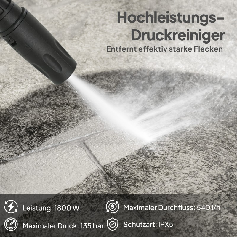 Painepesuri ulkokäyttöön, 1800 W, 135 bar, 540 L/h, alumiinipumppu, 5 m letku, keltainen/musta