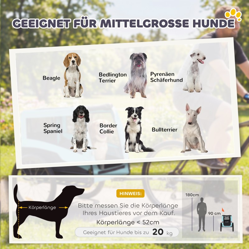 Koiran pyörävaunu, kokoontaitettava pyöräkärry keskikokoisille koirille 20 kg, 143 x 70 x 90 cm, vaaleansininen