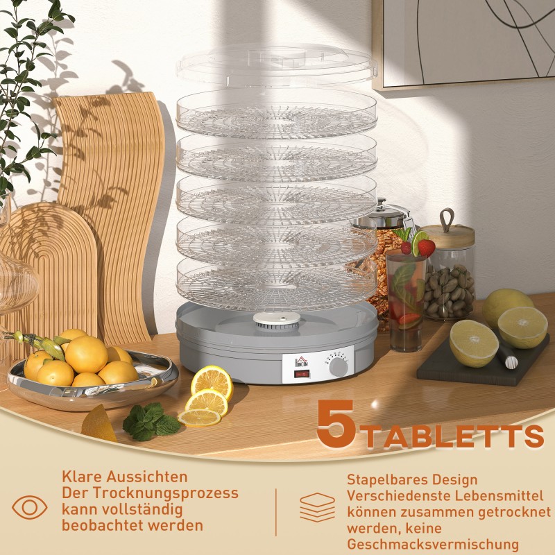 Elintarvikekuivuri 5-tasoinen 245 W säädettävä lämpötila 35–70 °C harmaa 800-144V90GY