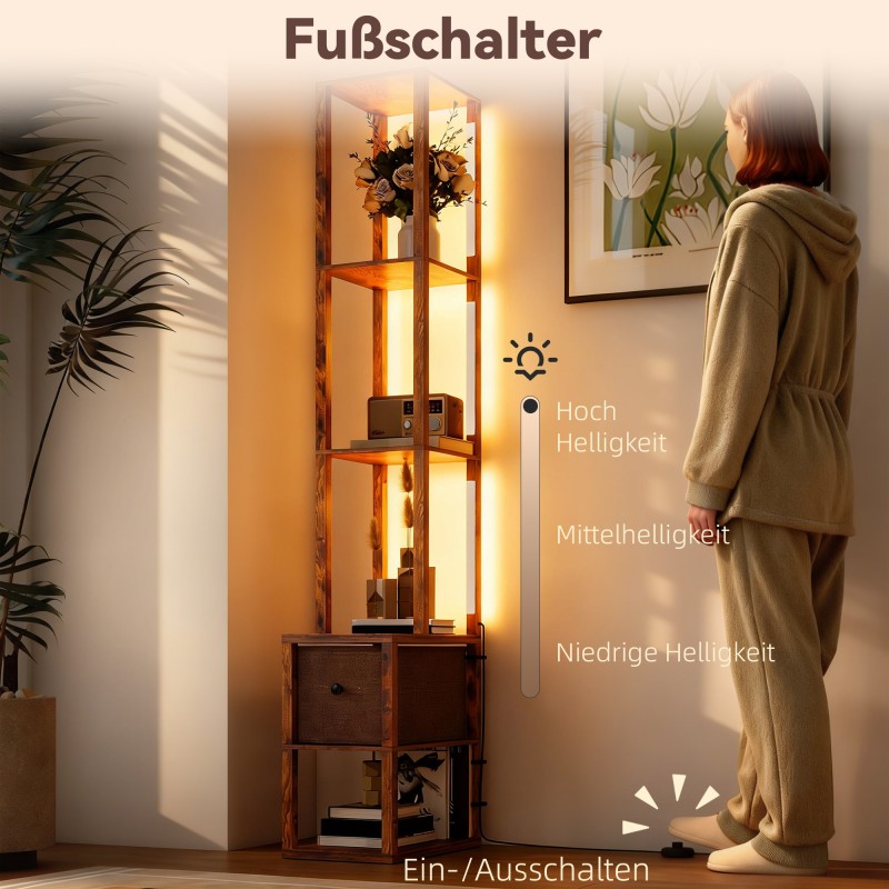 LED-lattiavalaisin hyllyillä, säädettävä 3-portainen lämpimän valkoinen valo, jalkakytkin, rustiikki ruskea