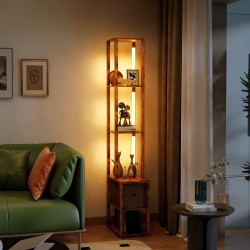 LED-lattiavalaisin hyllyillä, säädettävä 3-portainen lämpimän valkoinen valo, jalkakytkin, rustiikki ruskea