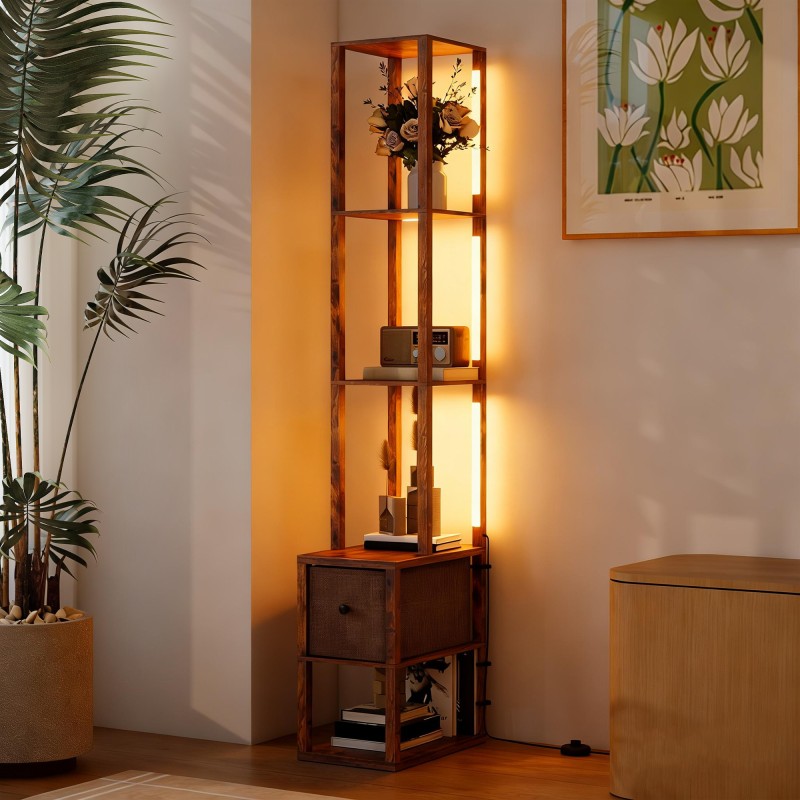 LED-lattiavalaisin hyllyillä, säädettävä 3-portainen lämpimän valkoinen valo, jalkakytkin, rustiikki ruskea