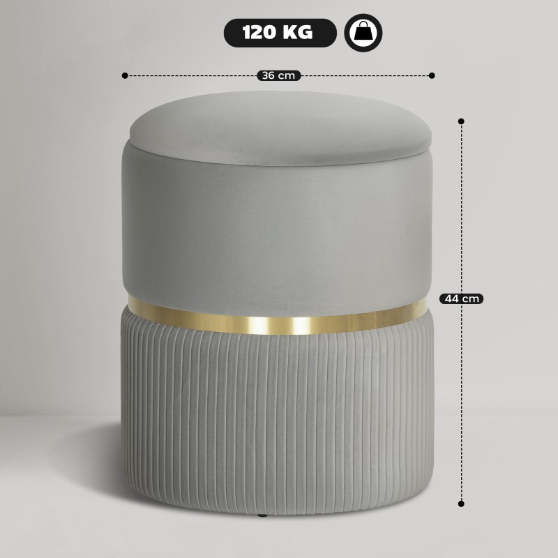 Pyöreä säilytysrahi samettia, pehmustettu istuin ja säilytystila, 36 x 36 x 44 cm, vaaleanharmaa