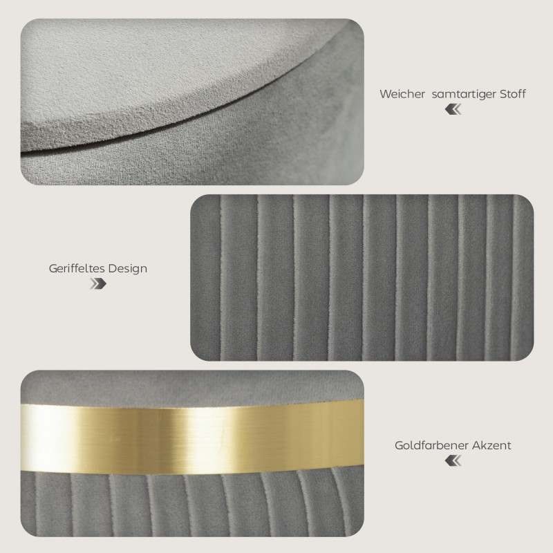 Pyöreä säilytysrahi samettia, pehmustettu istuin ja säilytystila, 36 x 36 x 44 cm, vaaleanharmaa