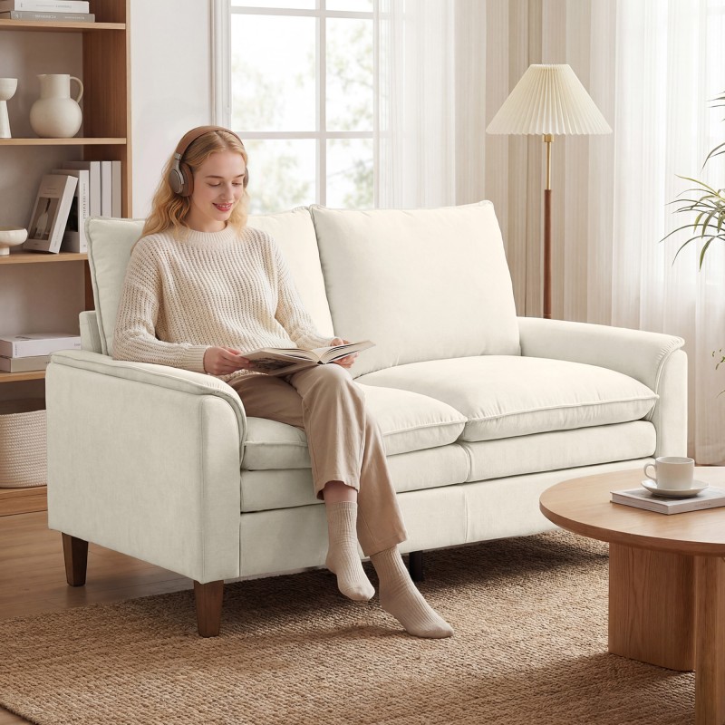 2-istuttava chenille-sohva, syvä istuin, korkea selkänoja, 146 cm, creme