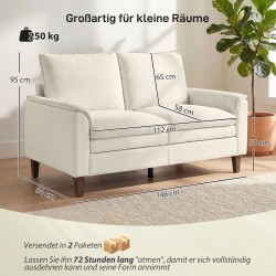2-istuttava chenille-sohva, syvä istuin, korkea selkänoja, 146 cm, creme