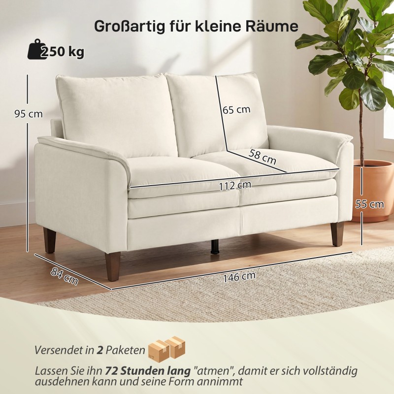 2-istuttava chenille-sohva, syvä istuin, korkea selkänoja, 146 cm, creme