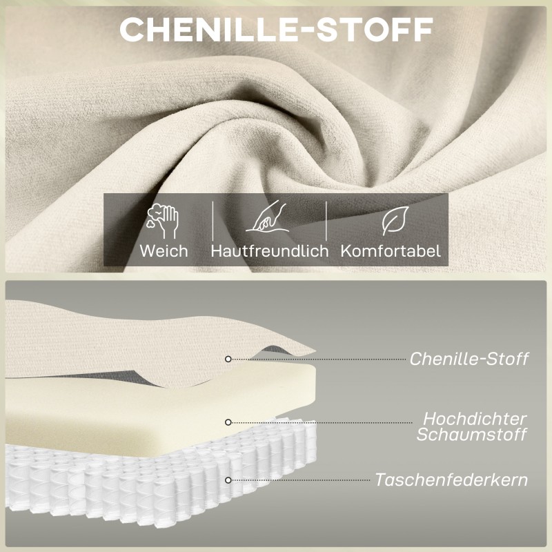 2-istuttava chenille-sohva, syvä istuin, korkea selkänoja, 146 cm, creme