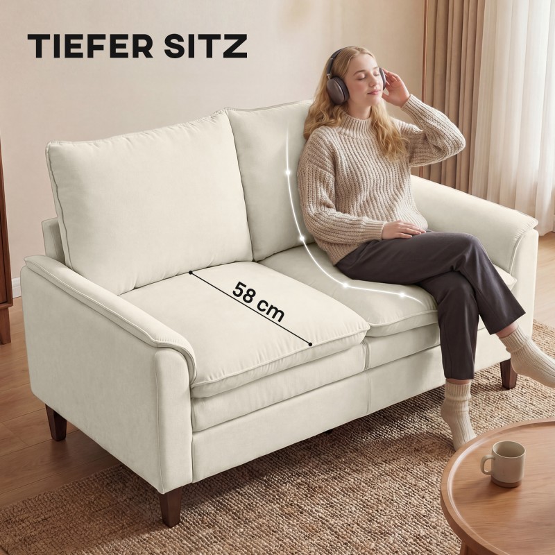 2-istuttava chenille-sohva, syvä istuin, korkea selkänoja, 146 cm, creme