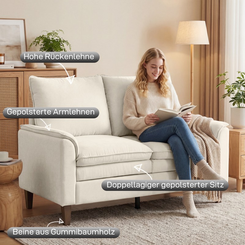 2-istuttava chenille-sohva, syvä istuin, korkea selkänoja, 146 cm, creme