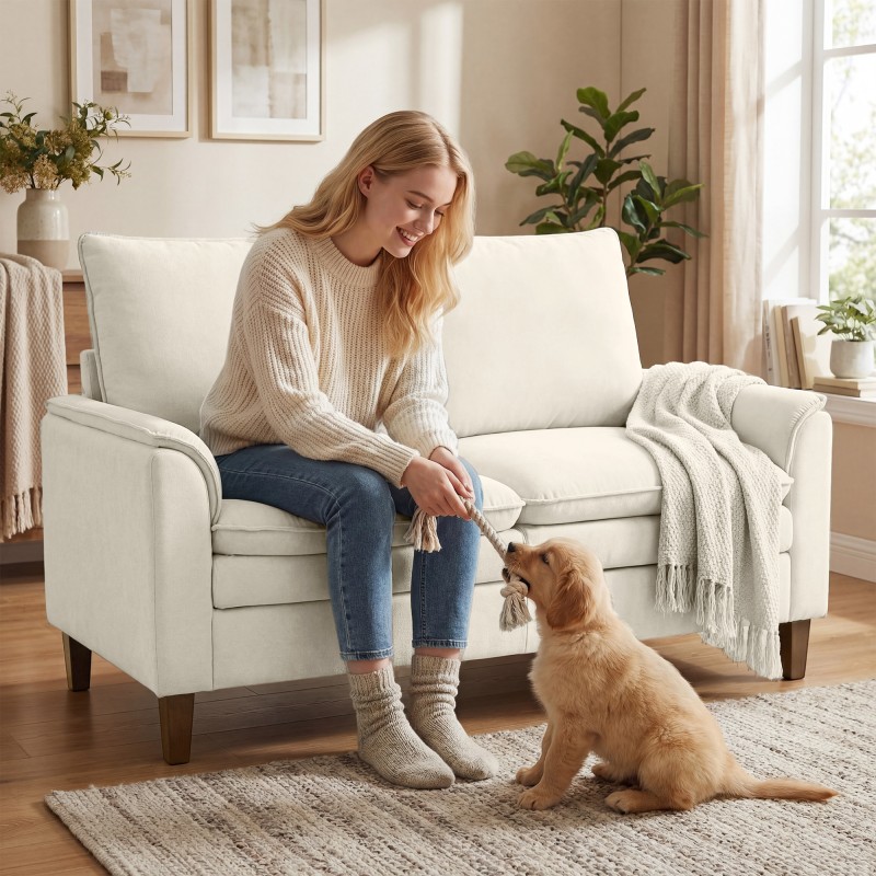 2-istuttava chenille-sohva, syvä istuin, korkea selkänoja, 146 cm, creme