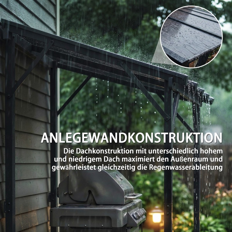 Seinään asennettava grillikatos puutarhaan, polykarbonaatti, 244 x 148 x 244 cm, tummanharmaa