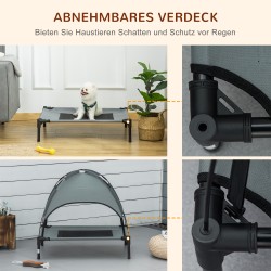 Korotettu koiranleposänky katoksella ulkokäyttöön, harmaa, metallirunko, verkkokangas, 76 x 61 x 73 cm