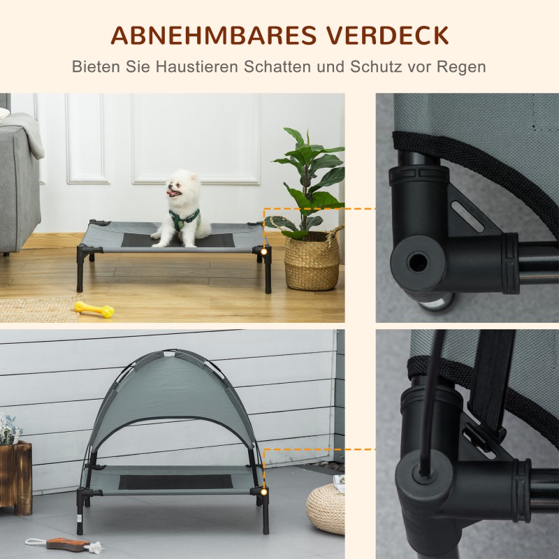 Korotettu koiranleposänky katoksella ulkokäyttöön, harmaa, metallirunko, verkkokangas, 76 x 61 x 73 cm