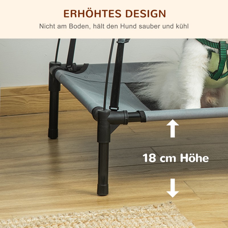 Korotettu koiranleposänky katoksella ulkokäyttöön, harmaa, metallirunko, verkkokangas, 76 x 61 x 73 cm