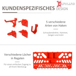 Työkaluseinä ja hylly 54 osaa, rei’itetty seinäsäilytysjärjestelmä PP, harmaa/punainen 95,5 x 23 x 53,5 cm