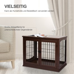 Koiran sisähäkki sivupöytä, 2 sisäänkäyntiä, lukittava, MDF ja metalli, 58,5 x 81 x 66 cm, musta / ruskea