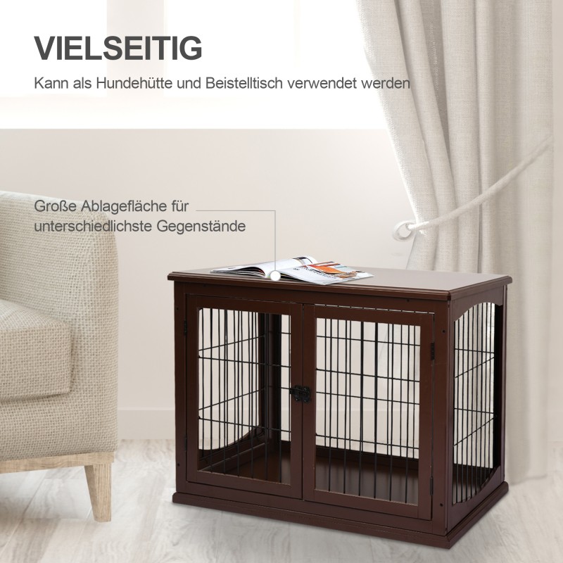 Koiran sisähäkki sivupöytä, 2 sisäänkäyntiä, lukittava, MDF ja metalli, 58,5 x 81 x 66 cm, musta / ruskea