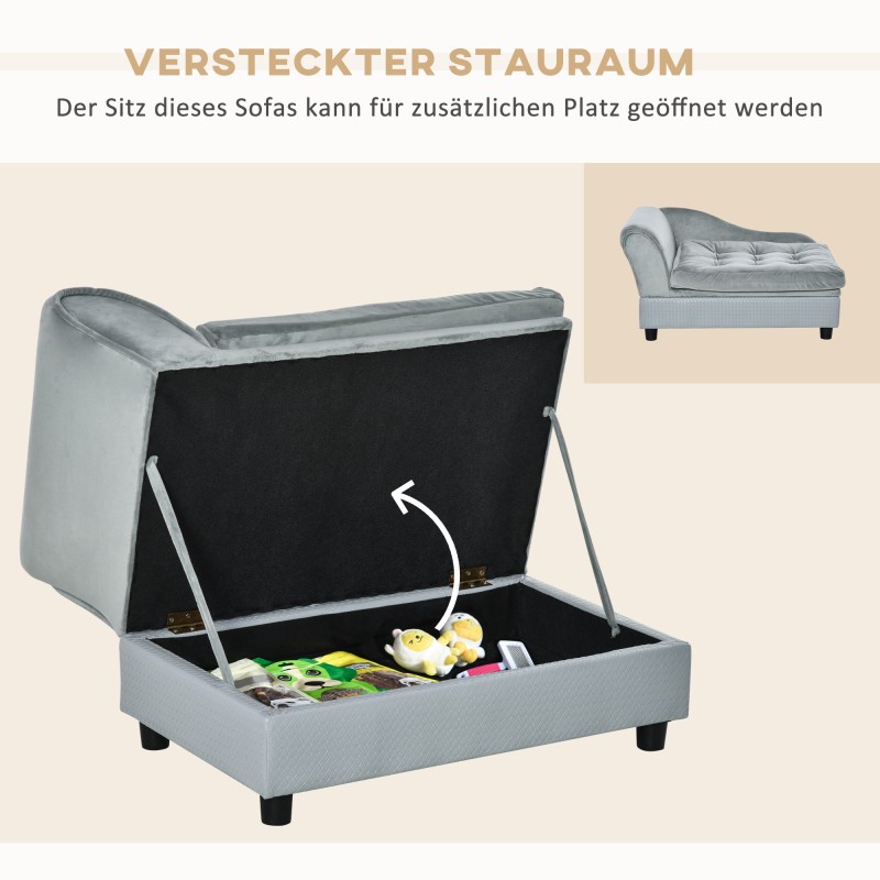 Lemmikin sohva säilytystilalla, puurunko ja plyyshityyny, 76 x 45 x 43 cm, vaaleanharmaa, max 15 kg