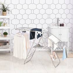 Pyykinkuivausteline sisä- ja ulkokäyttöön, ruostumatonta terästä, 148 cm, kokoontaitettava, hopea/valkoinen