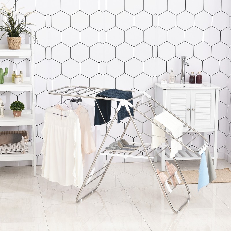 Pyykinkuivausteline sisä- ja ulkokäyttöön, ruostumatonta terästä, 148 cm, kokoontaitettava, hopea/valkoinen