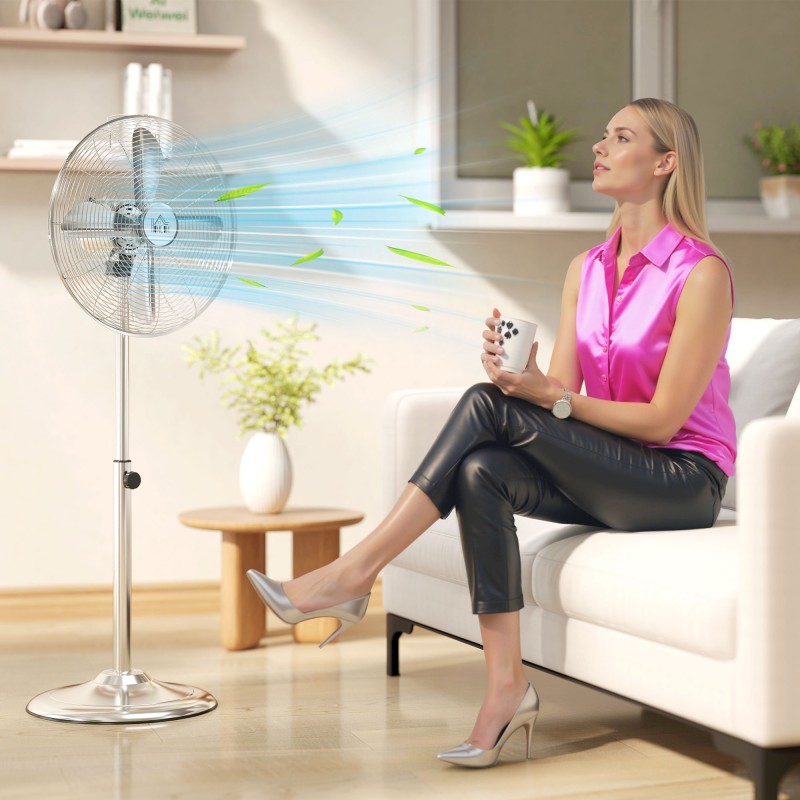 Lattiatuuletin 120 cm, säädettävä korkeus, 3 nopeutta, teräs, hopea