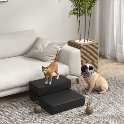 Lemmikkiramppi / lemmikkiportaat koirille ja kissoille, 2-osainen, taitettava, PU-nahka, 45 x 39 x 20 cm, musta