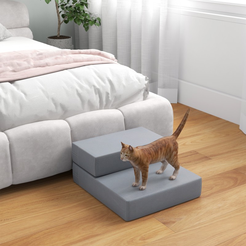 Lemmikkiramppi koirille ja kissoille, 2-osainen taitettava PU-nahka, max 7 kg, 45 x 39 x 20 cm, harmaa